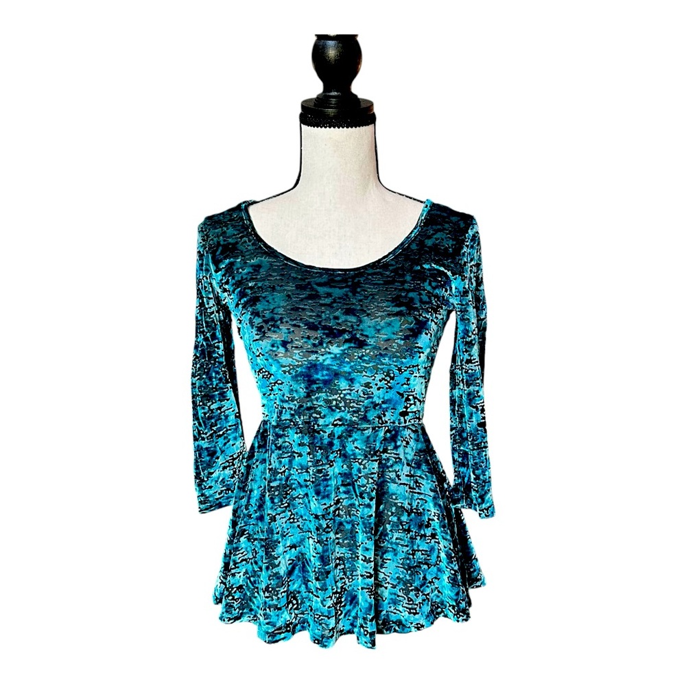 Decree Crushed Velvet Peplum Top Teal Black Goth Grunge Y2K S